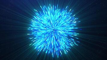 Colorful particles and strings spreading on a blue background. Motion. Moving rays into all the sides. video