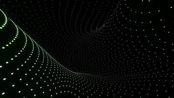 3D space with curving flow of dots. Design. Futuristic space with curving lines in flow. Dotted lines move in geometric curves on black background video