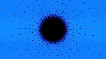 Cyber tunnel with electronic grid and dots. Motion. Circular tunnel with grid and dots in space. Mathematical tunnel from grid in computer space video
