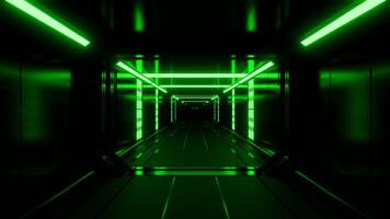 View inside of rectangular shaped underground tunnel with neon lighting. Design. Moving inside futuristic corridor. video