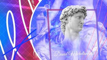 Blue and red background. Motion.Antique art, Michelangelo's David sculpture in animation with multicolored patterns nearby. video