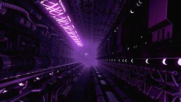 tecnologico tunnel nel futuristico nave. movimento. 3d spazio con tubi e neon leggero nel tecnologico tunnel. futuristico navicella spaziale tunnel video
