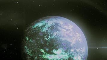 A bright view of space . Motion . A beautiful planet rotates in an animation that shimmers with bright shades and colors. video