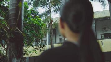 Person with ponytail looking at building with palm trees video