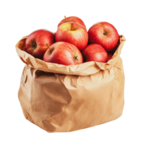 Fresh red apples in a brown paper bag png
