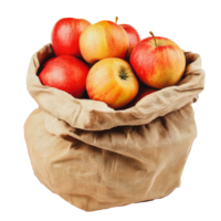 Fresh apples in a burlap sack on a wooden table png