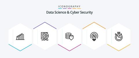 Data Science And Cyber Security 25 Line icon pack including time bulb shield light data vector