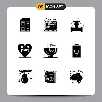 conjunto de 9 9 elemento sólido glifos en cuadrícula para madre amor seo corazón sistema editable elemento diseño elementos vector