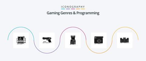 Gaming Genres And Programming Glyph 5 Icon Pack Including coding api shooter play game vector