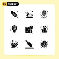 Pack of 9 creative Solid Glyphs of map robotics labor light bulb artificial intelligence Editable element Design Elements vector
