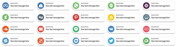 20 Follow Me Social Media Icons with Customizable Message such as email music pinterest sound and waze icons Minimalist and professional vector