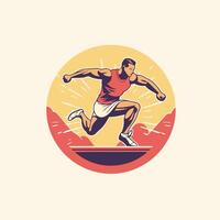 illustration of a runner running in the mountains viewed from front set inside circle done in retro style vector