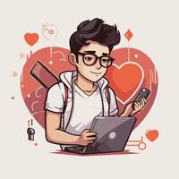 Hipster guy with laptop and mobile phone illustration vector