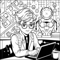 Black and white element illustration of a young man working on a laptop in a cafe vector