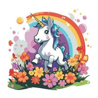 Unicorn with flowers and rainbow element illustration in cartoon style vector