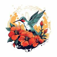 Hummingbird with red flowers element illustration in retro style vector