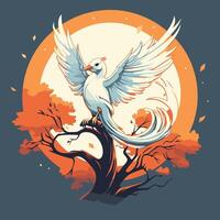 element illustration of a flying seagull on the background of the autumn forest vector