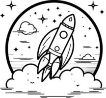 rocket flying in the sky with clouds element illustration outline style black and white vector