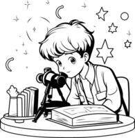 Boy with telescope and books Black and white element illustration for coloring book vector