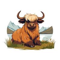 element illustration of a yak on the grass with mountains in the background vector