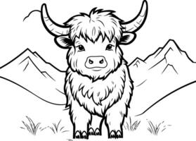 Black and white element illustration of a yak standing in the grass vector