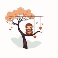 Cute cartoon monkey sitting on the tree with hearts element illustration vector