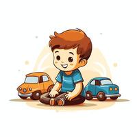 Cute little boy playing with cars element illustration isolated on white background vector