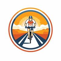 Circle shape icon with cyclist riding on road element illustration vector