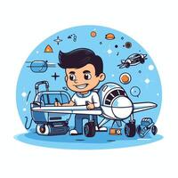 Cute boy flying with airplane element illustration in cartoon style vector
