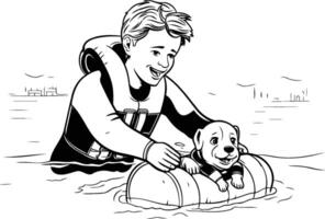 Man swimming with a dog on an inflatable circle illustration vector