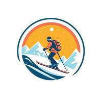 Skiing icon illustration of skier in mountains vector