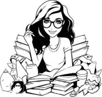 Black and white illustration of a young woman reading a book with a pile of books vector