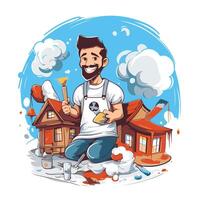 Smiling man paints the house with a paintbrush illustration vector