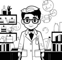illustration of a man in a lab coat standing in front of bookshelf vector