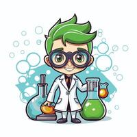 Scientist boy cartoon character with science equipment element illustration graphic design vector