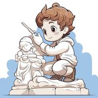 Illustration of a Little Boy Playing with a Sword and a Statue vector