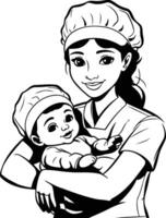 Mother and baby in the hands of a professional chef element illustration vector