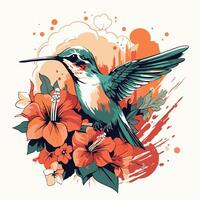 element illustration of a hummingbird with a bouquet of flowers vector