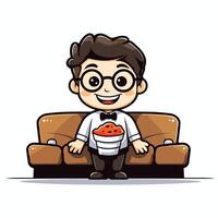 Cute cartoon man sitting on sofa and eating pizza element illustration vector