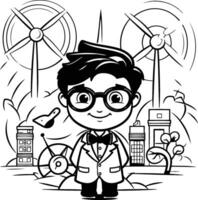 Black and White Cartoon Illustration of Kid Boy Wearing School Uniform and Glasses for Coloring Book vector