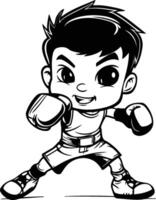 Boxing Kid Black and White Cartoon Mascot Illustration vector