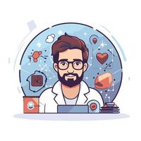 Doctor with stethoscope and computer element illustration in flat style vector