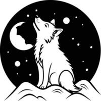 Black and white illustration of a wolf howling at the moon vector