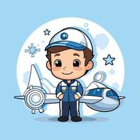 Cute boy pilot with airplane over blue background element illustration graphic design vector