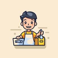 Worker in apron and apron working with laptop illustration vector