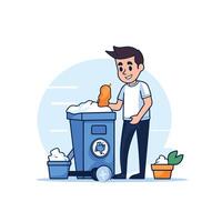Man throwing garbage into trash can element illustration in flat style vector