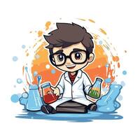 Scientist boy cartoon character with test tube and flask element illustration vector