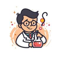 Scientist with chemical flask and question mark element illustration in flat style vector