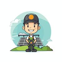 Cute engineer standing with solar panel in the park element illustration vector