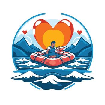 element illustration of a man floating on an inflatable ring with a heart in the background vector
